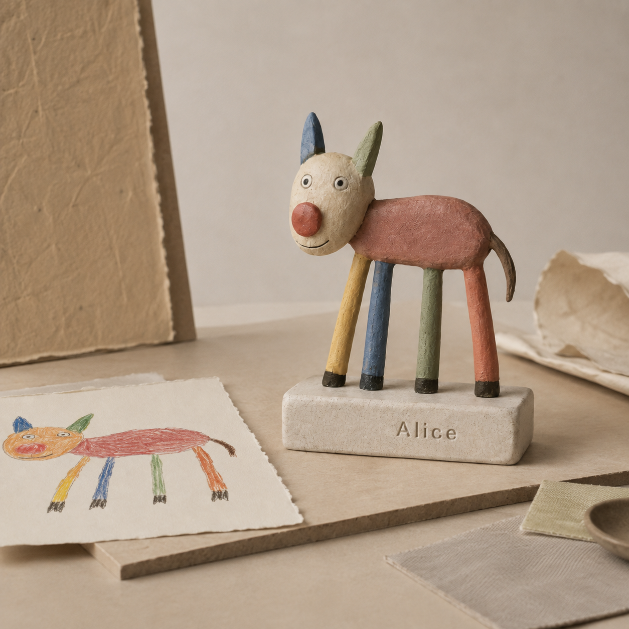 Il disegno originale affiancato alla scultura finita