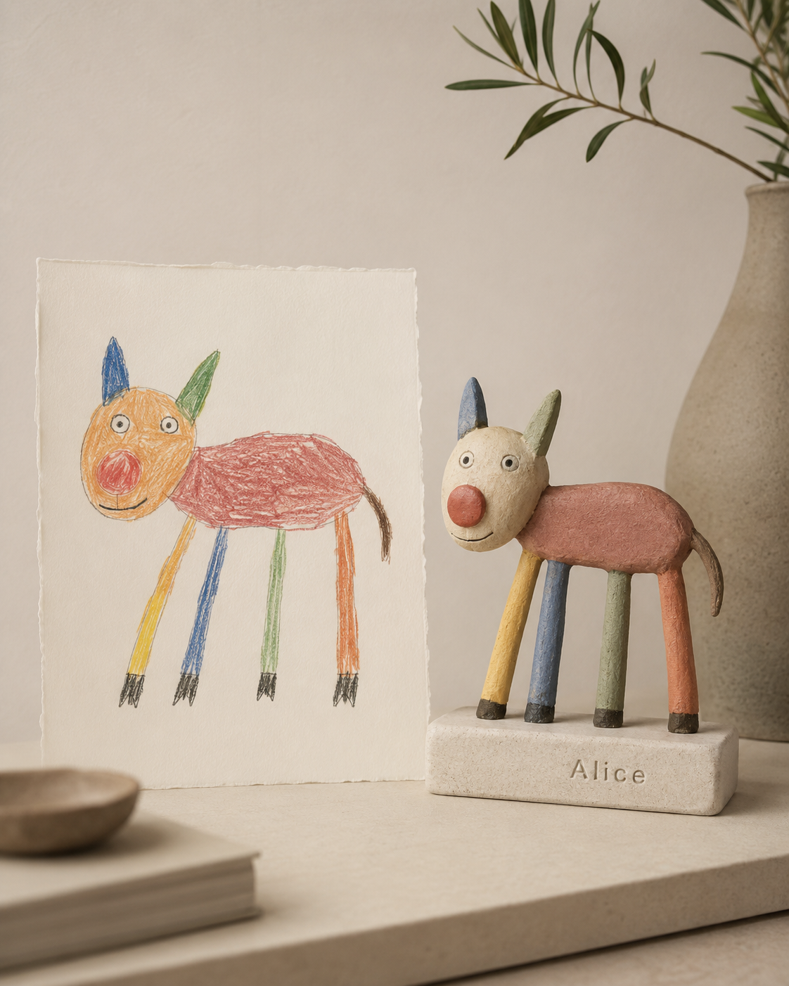 Il disegno originale accanto alla scultura finita